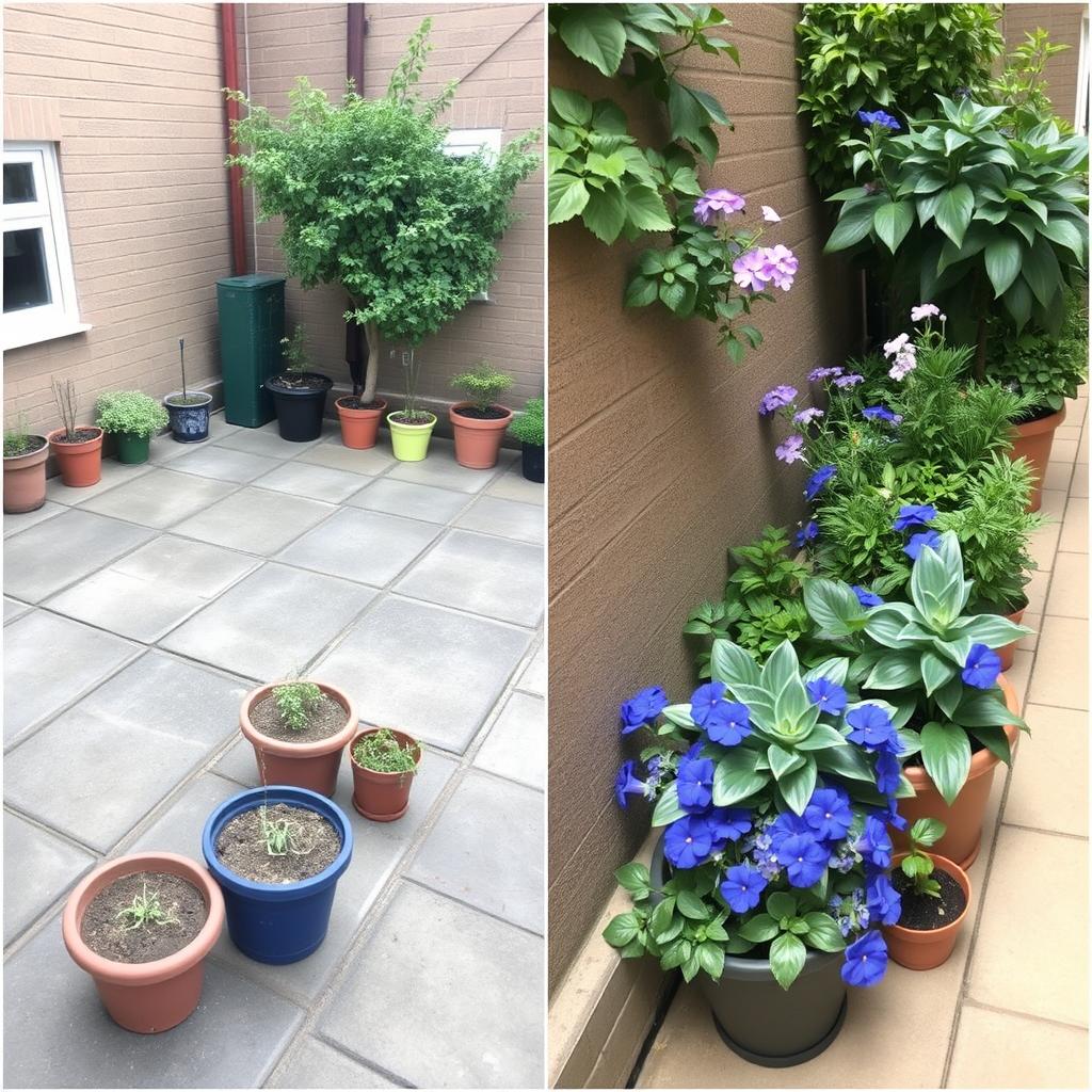 Before and after of a container garden transformation maximising small urban outdoor spaces