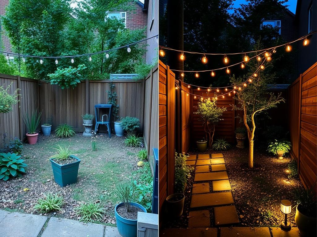 Before and after of evening lighting transformation in a small garden