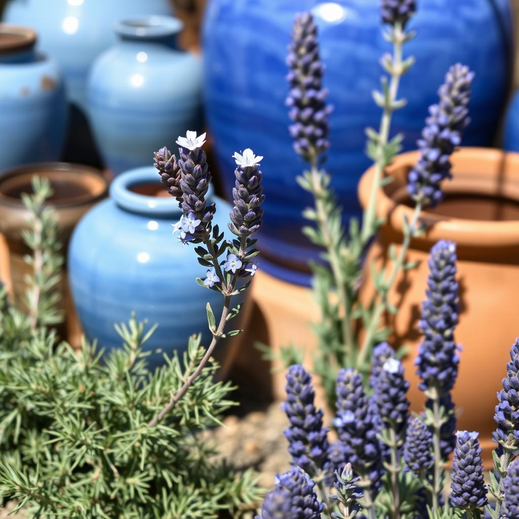 Blue accents from pottery and flowers in a Mediterranean-inspired UK garden