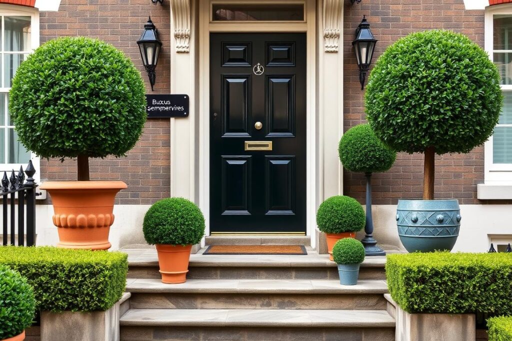 Buxus sempervirens in various decorative containers flanking a doorway