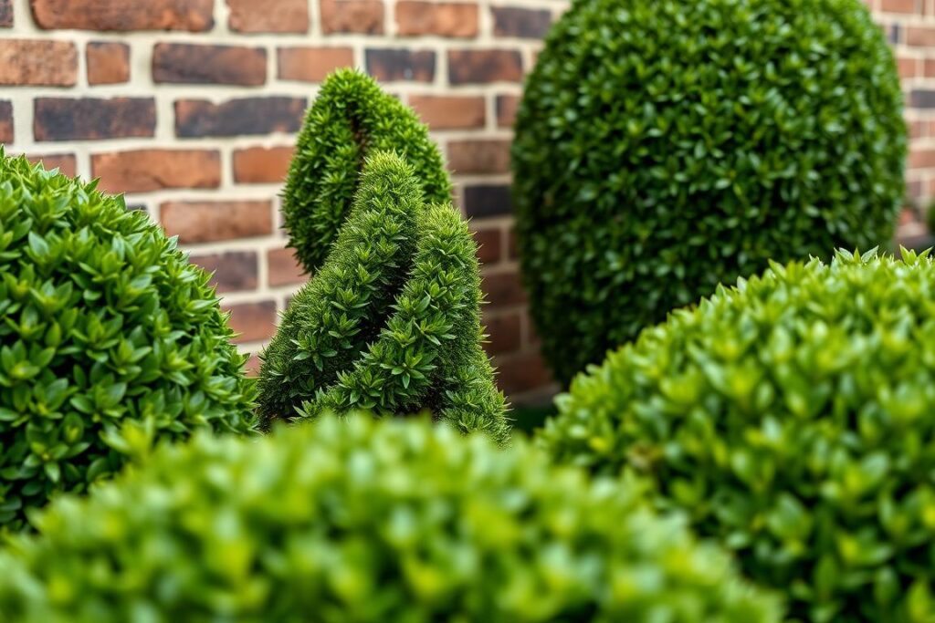 Buxus sempervirens topiary in spiral and ball forms in a small garden