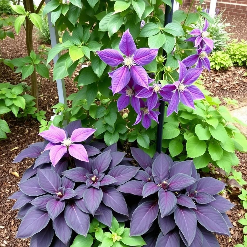 Clematis alpina growing above shade-loving hostas that protect its roots