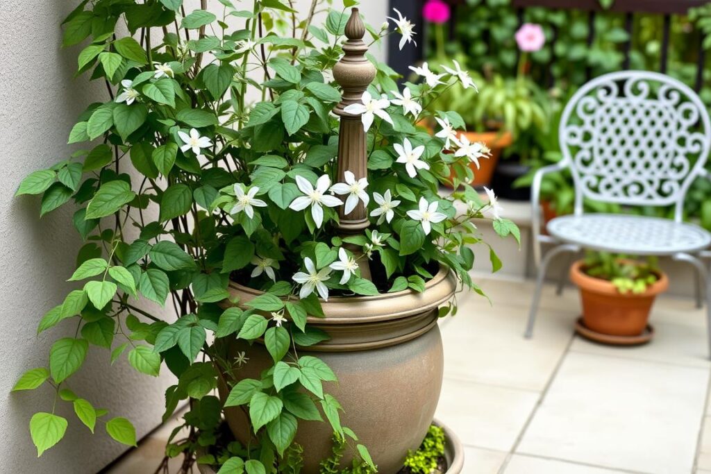 Clematis alpina growing in a decorative container on a small patio with a trellis support