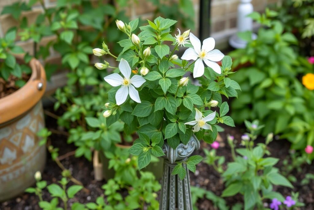 Clematis alpina growing in a small garden setting on an obelisk, showing its compact size
