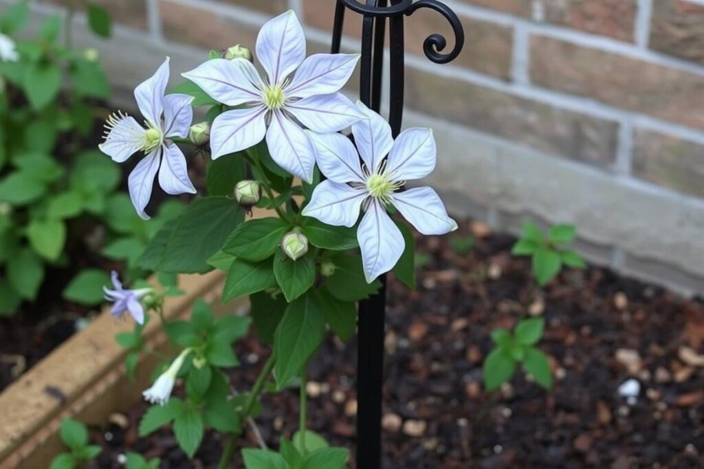 Clematis alpina growing through a decorative obelisk in a small garden border