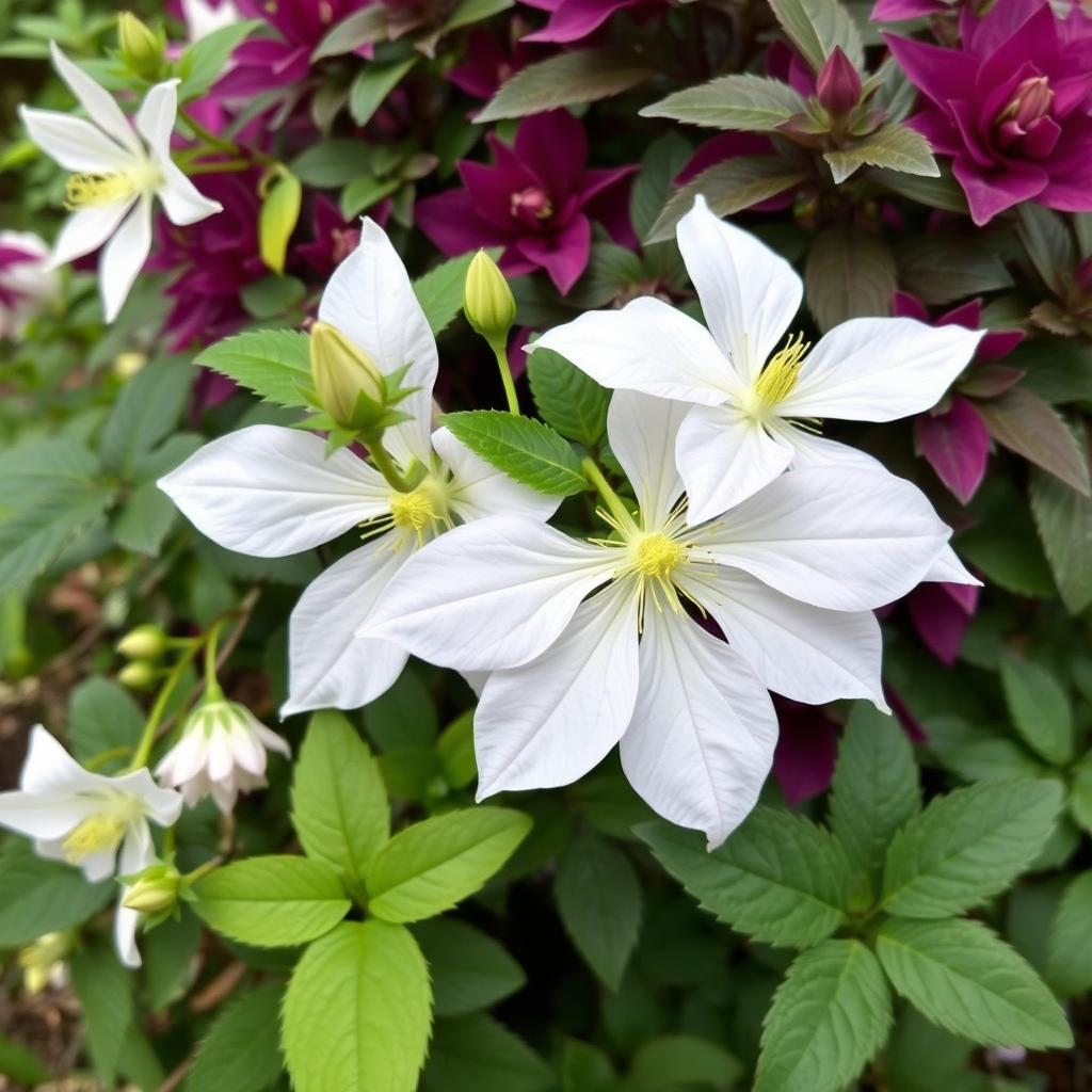 Clematis alpina growing through a dwarf rhododendron in a small garden