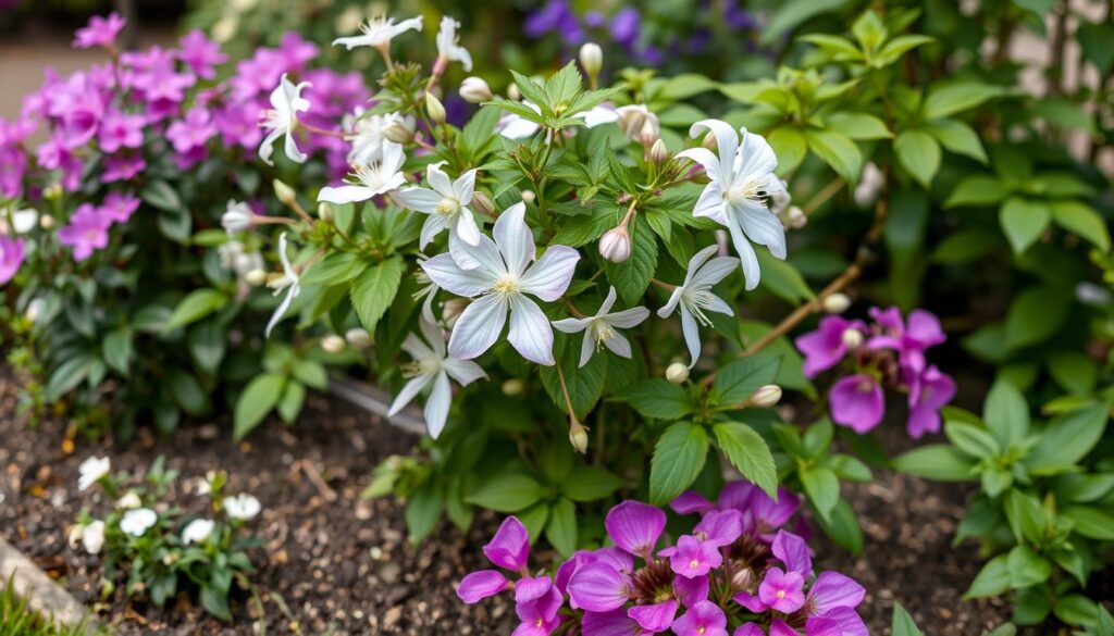 Clematis alpina growing through a small shrub in a garden border, creating layered interest