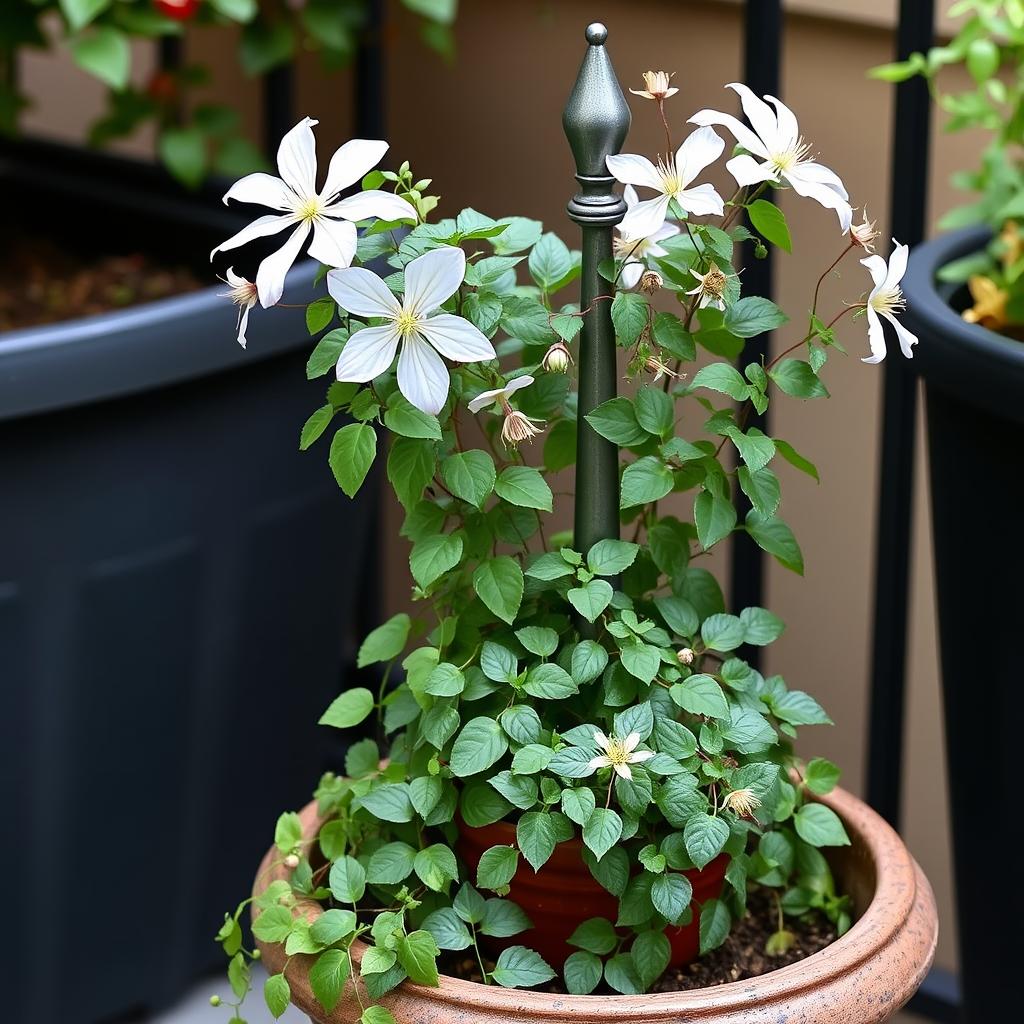 Clematis alpina in a container with trailing plants covering the pot rim