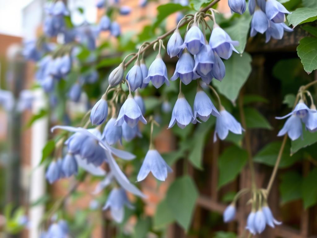 Clematis alpina with delicate blue nodding bell-shaped flowers growing on a garden trellis