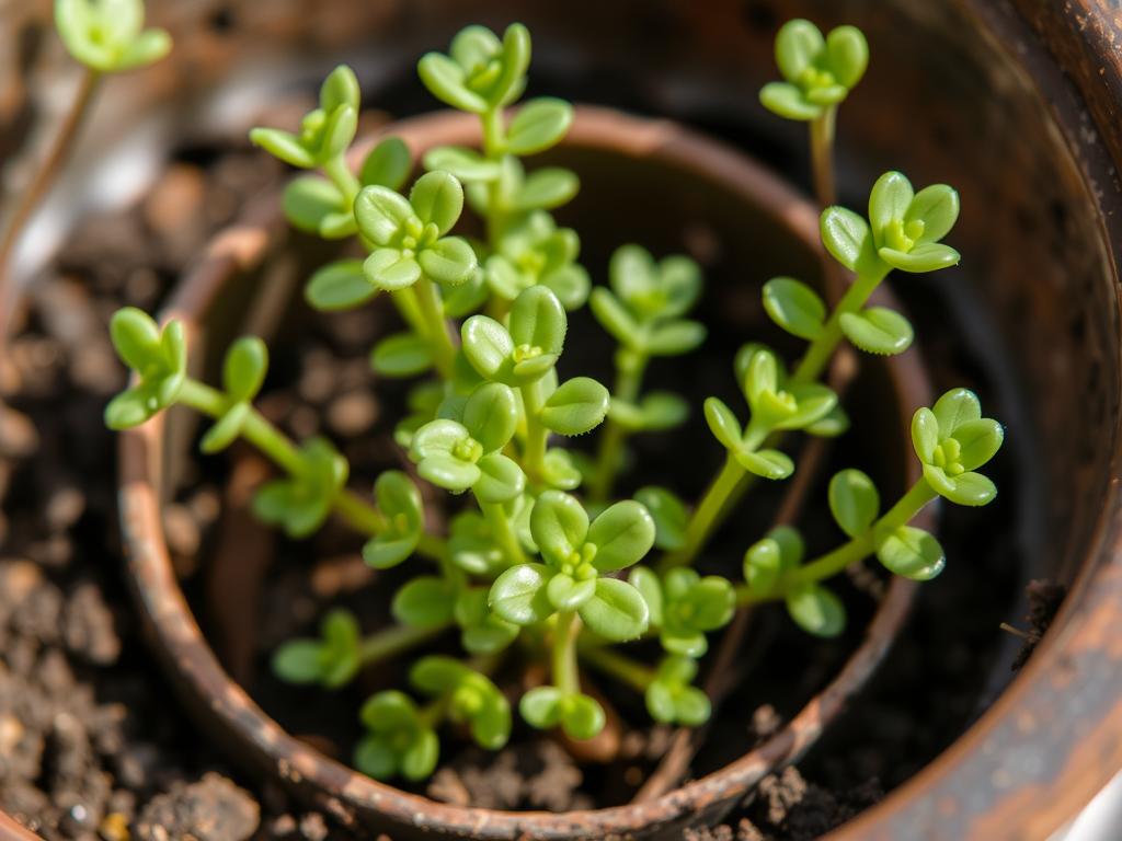 Close-up of Erigeron karvinskianus seedlings in a pot ready for transplanting