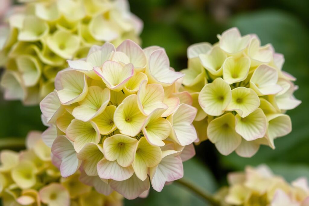 Close-up of Little Lime Hydrangea blooms showing color transition from lime green to pink