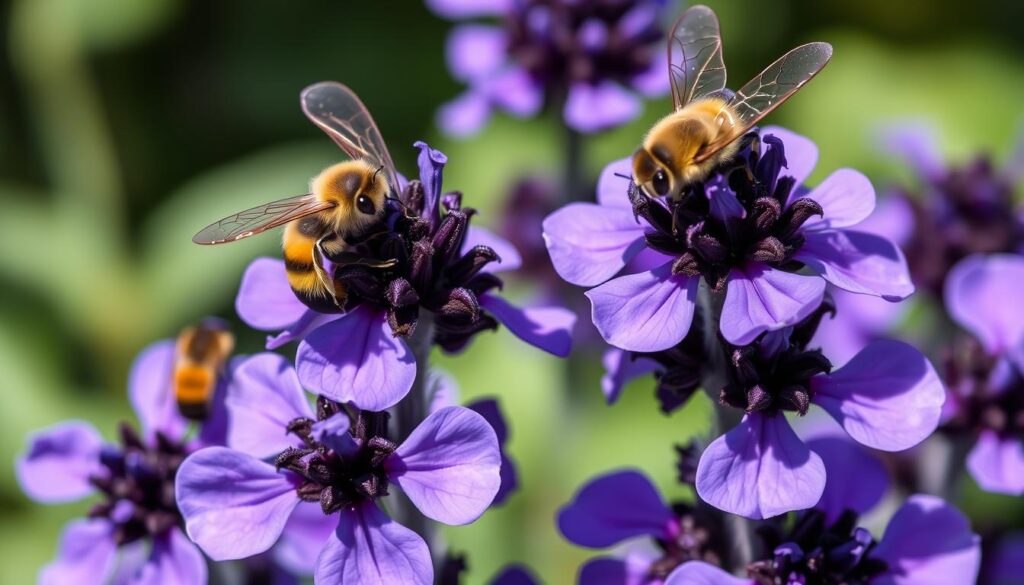 Close-up of bees visiting Salvia nemorosa 'Caradonna' flowers showing the plant as a pollinator magnet