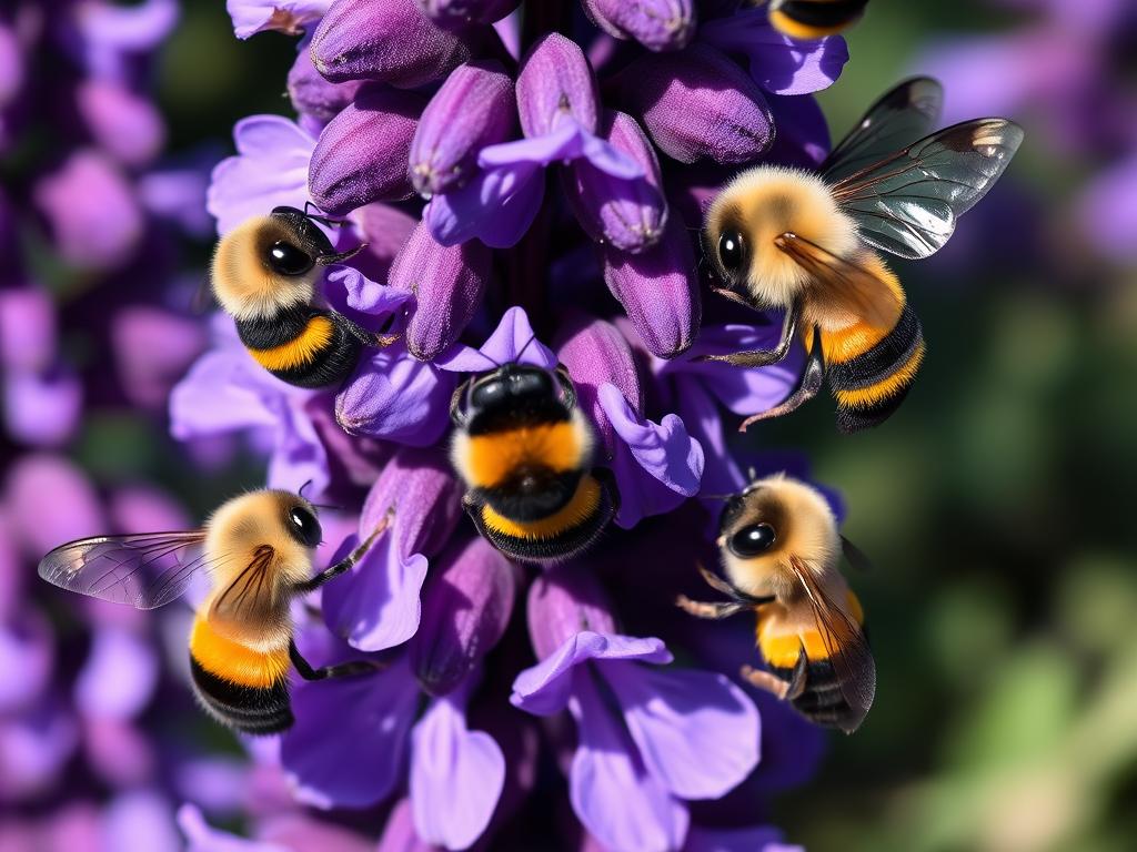 Close-up of bumblebees and butterflies visiting Salvia nemorosa 'Caradonna' flowers