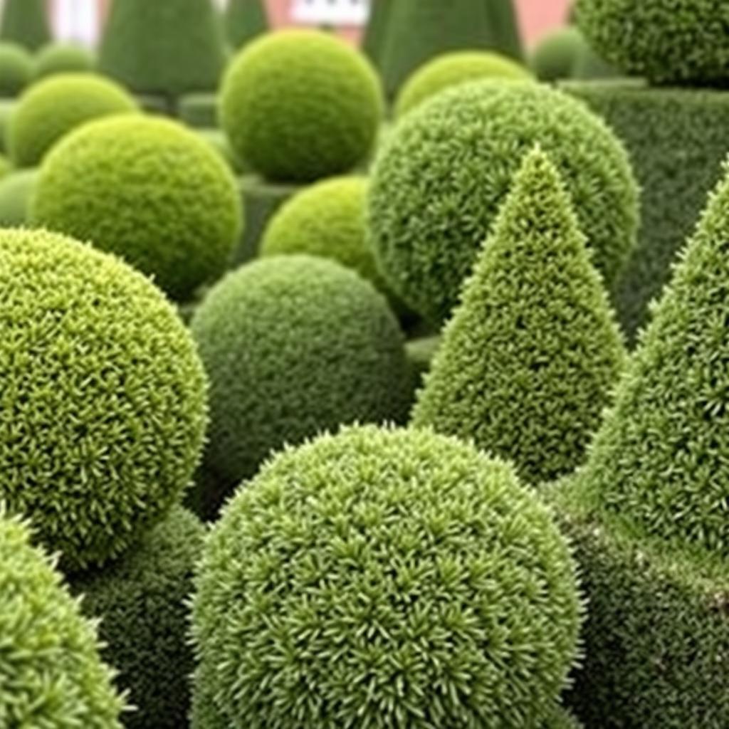 Close-up of perfectly clipped box topiary specimens in a formal garden design Close-up of perfectly clipped box topiary specimens in a formal garden design