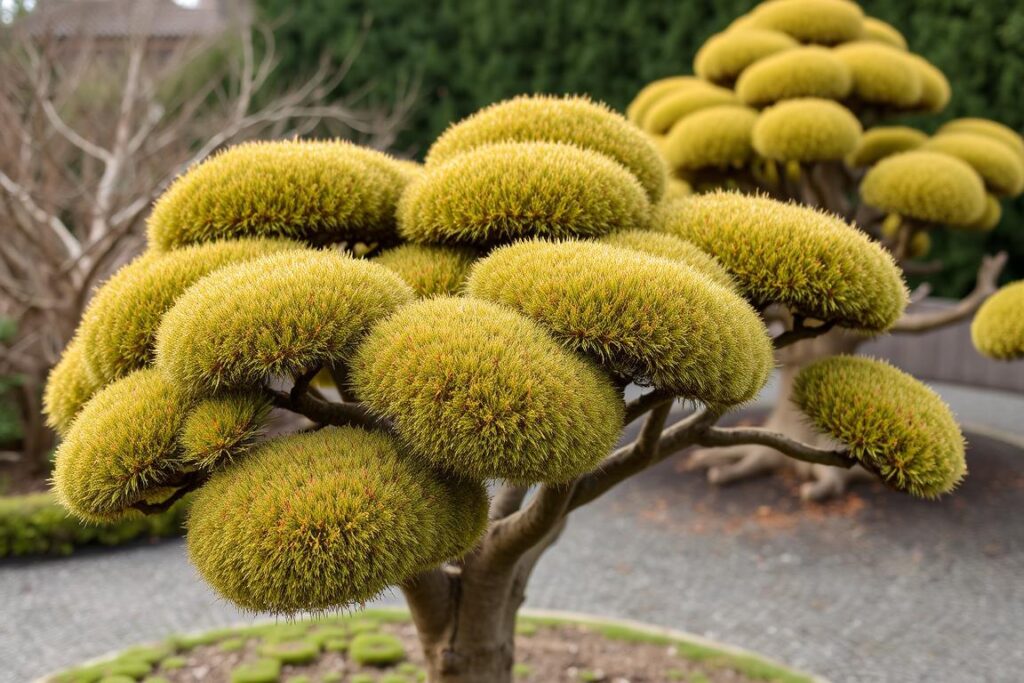 Cloud-pruned shrub (niwaki) in Japanese-style garden