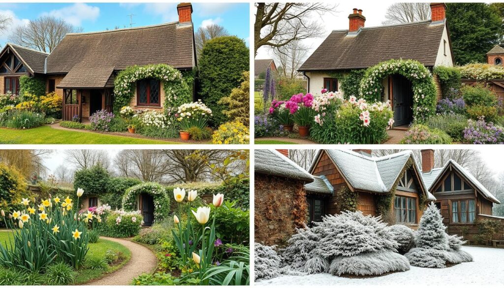 Collage showing the same traditional English cottage garden through all four seasons