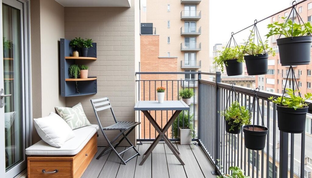 Compact balcony with folding furniture and storage solutions maximising small urban outdoor spaces