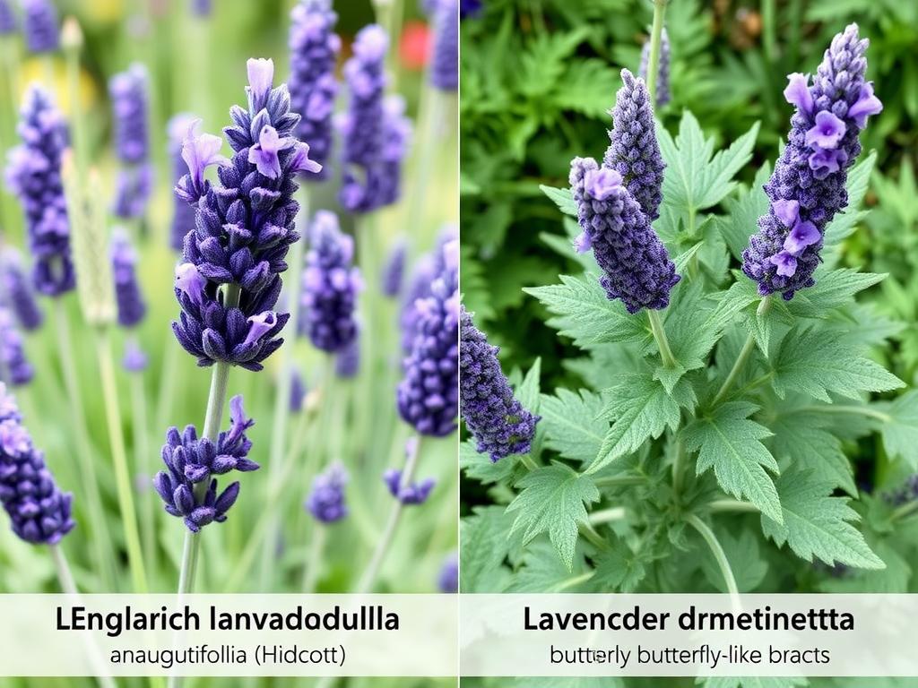 Comparison of English lavender (Hidcote) and French lavender showing different flower structures