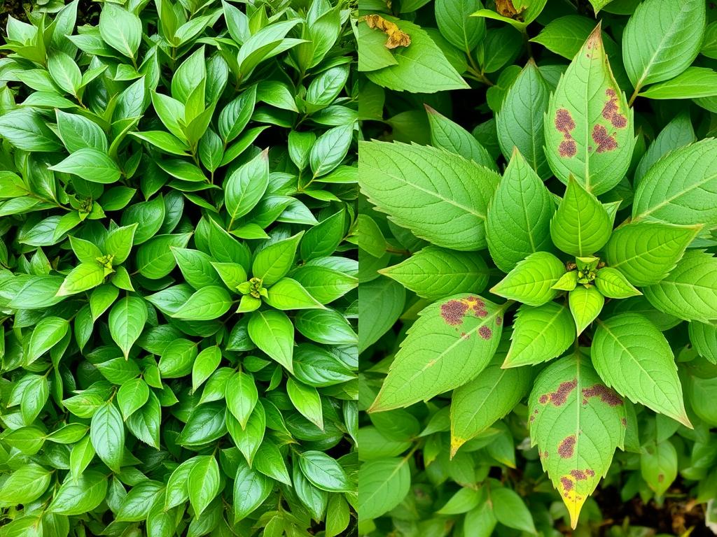 Comparison of healthy Buxus sempervirens foliage versus box blight symptoms