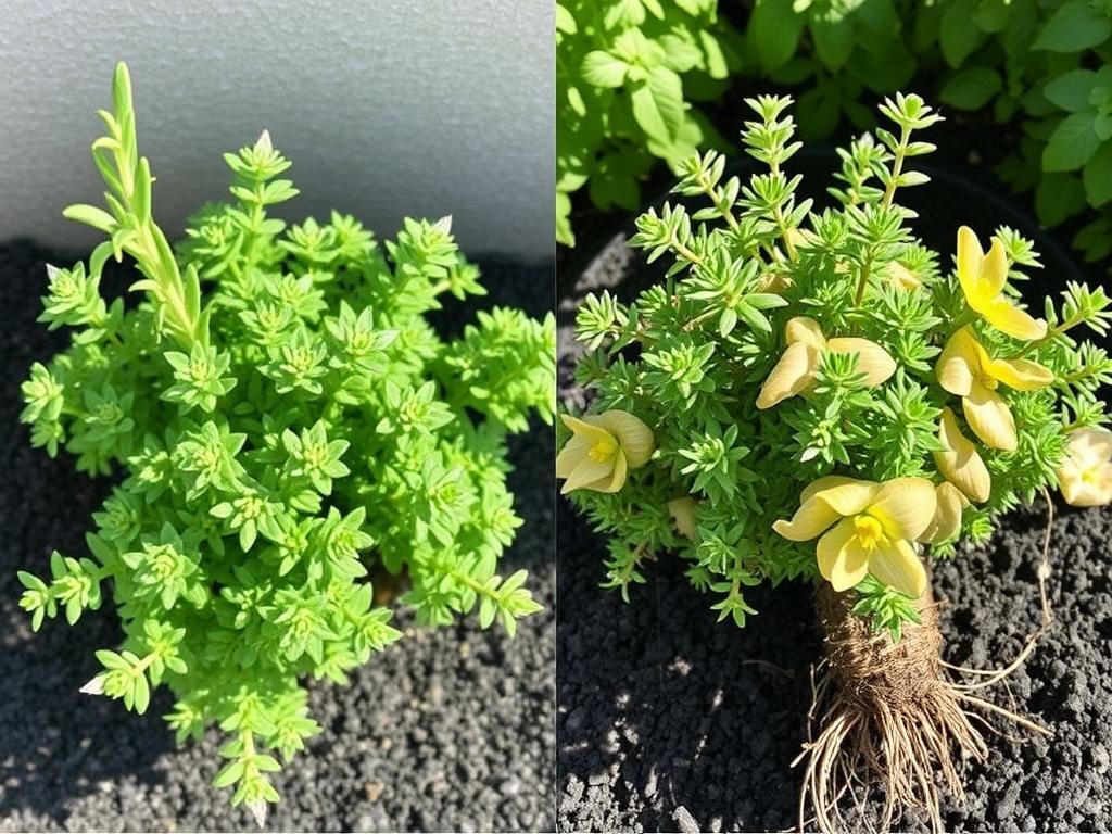 Comparison of healthy thyme plant versus one with root rot symptoms