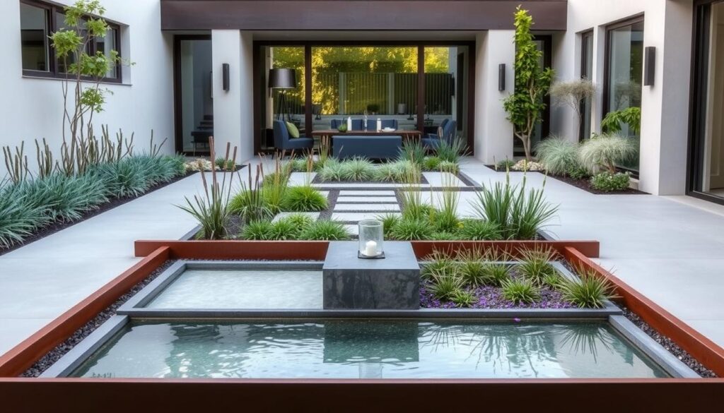 Contemporary formal garden design with modern materials and sustainable planting Contemporary formal garden design with modern materials and sustainable planting