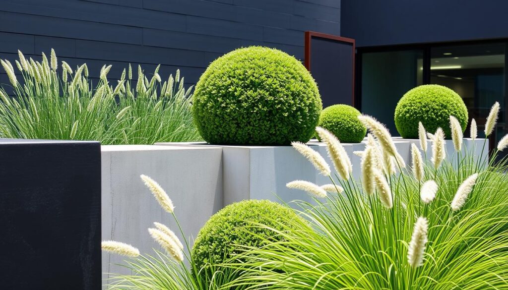 Contemporary garden design featuring Buxus sempervirens in a minimalist setting