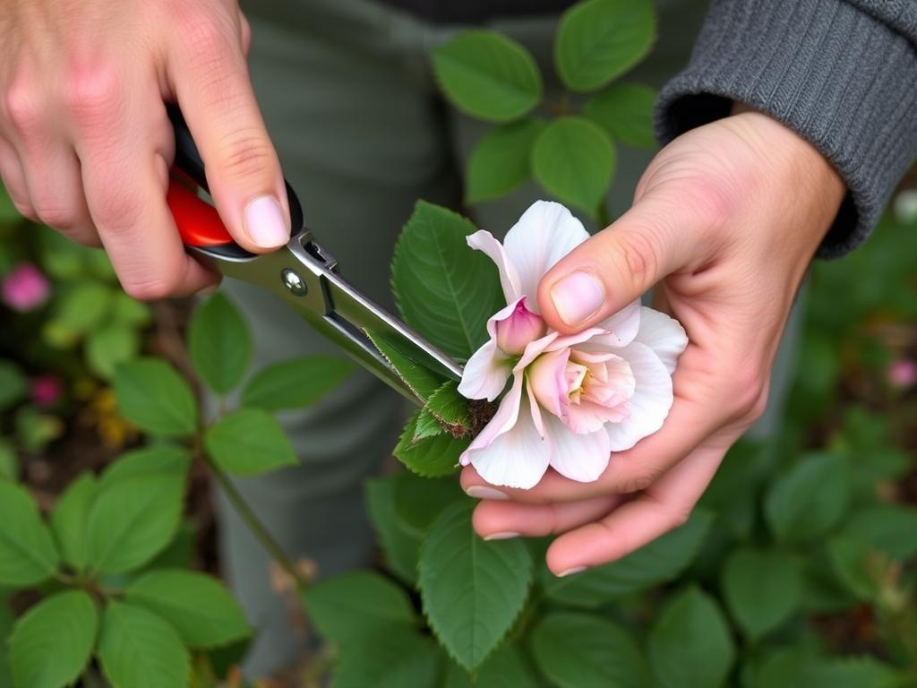 Deadheading The Fairy rose by cutting back a spent flower cluster