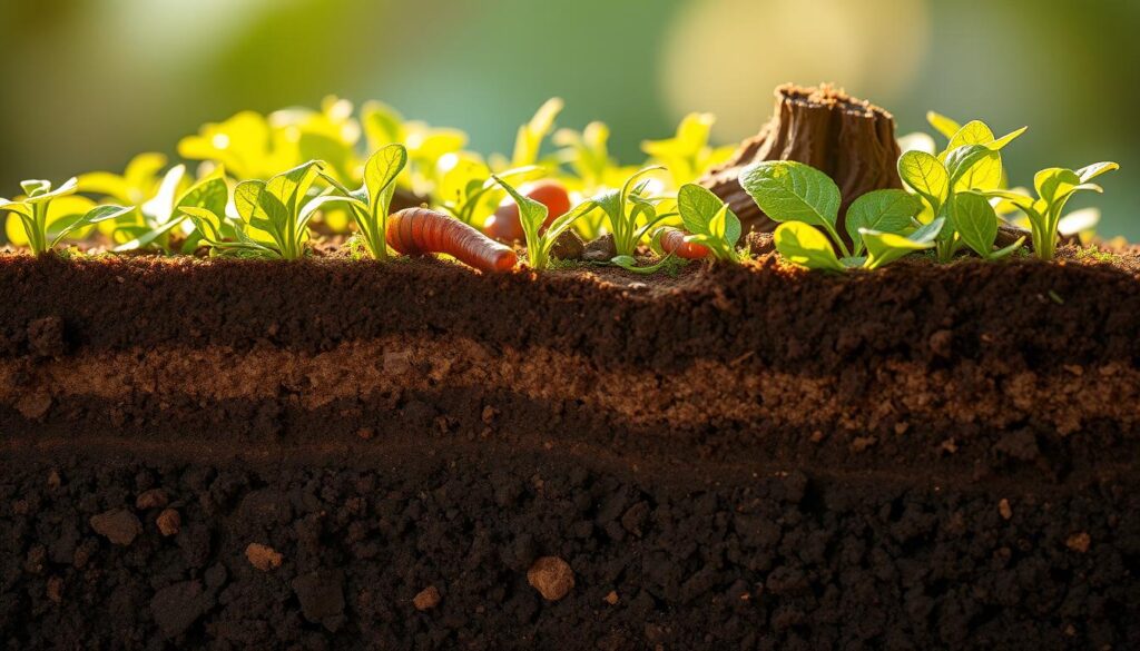 Detailed cross-section of a balanced soil mixture, showcasing the intricate nutrient distribution and the presence of worm castings. A lush, verdant landscape unfolds, with vibrant layers of organic matter, minerals, and the telltale signs of thriving earthworm activity. Warm, diffused lighting illuminates the scene, revealing the rich, crumbly texture of the soil and the intricate network of roots, hyphae, and decomposing organic matter. The overall composition is carefully curated to highlight the harmonious integration of worm castings, enhancing the soil's capacity to retain and efficiently distribute essential nutrients for optimal plant growth.