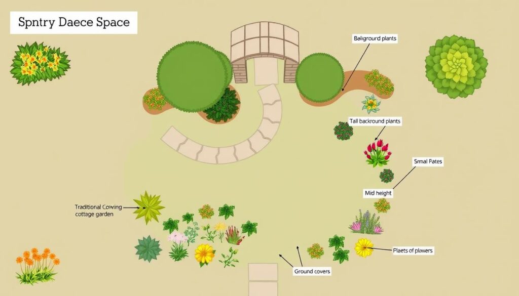 Diagram of a small-space traditional English cottage garden layout showing planting zones, path, and structural elements