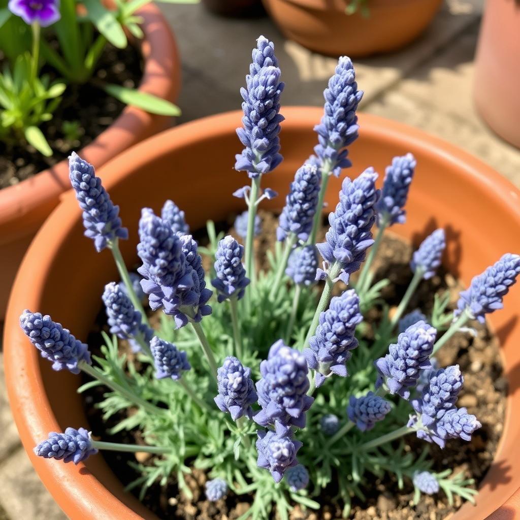 Dwarf Thumbelina Leigh lavender in a small container in a UK patio garden