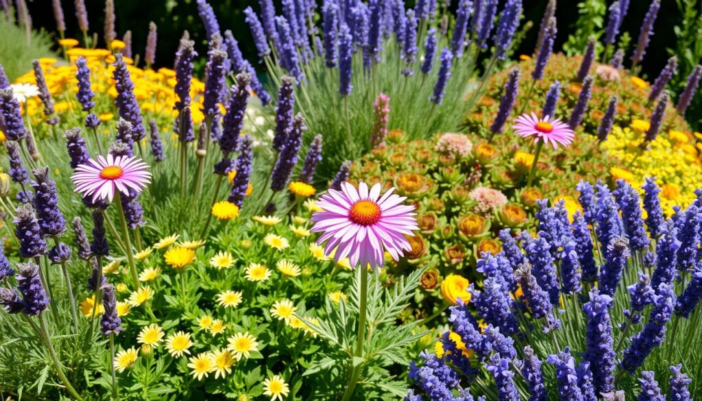 Erigeron karvinskianus growing alongside lavender and sedums in a UK cottage garden