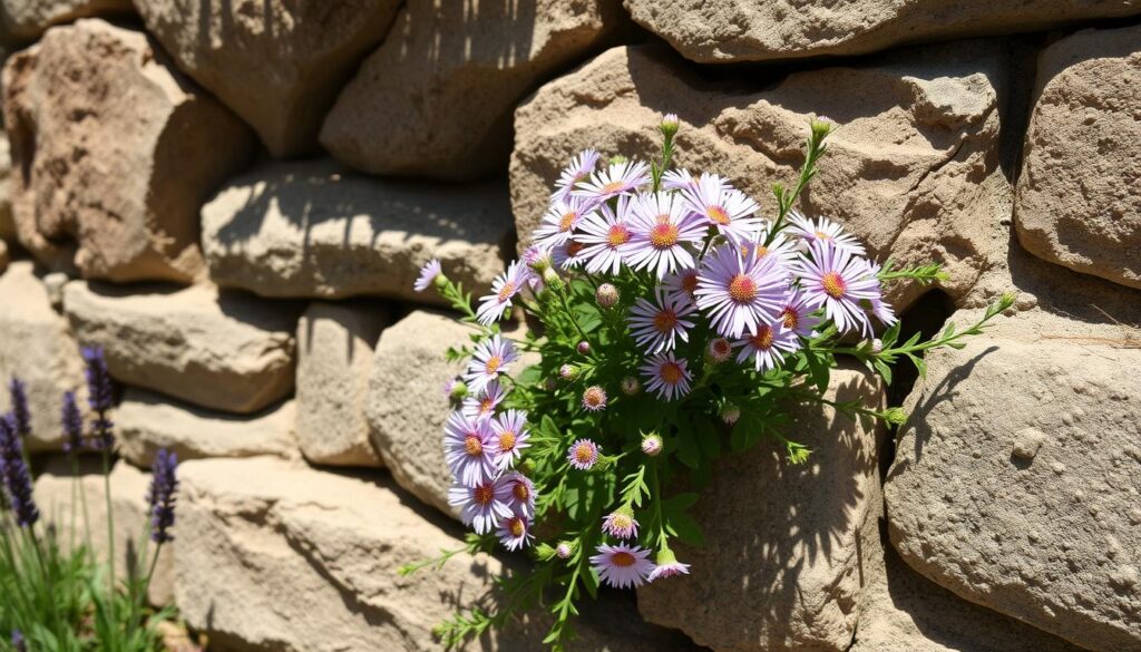 Erigeron karvinskianus growing in a sunny stone wall with other Mediterranean plants
