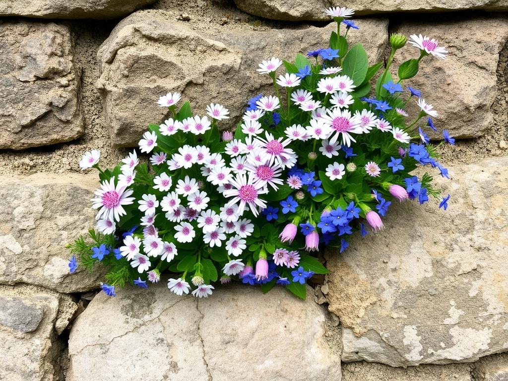 Erigeron karvinskianus growing with campanula and saxifrage in a stone wall