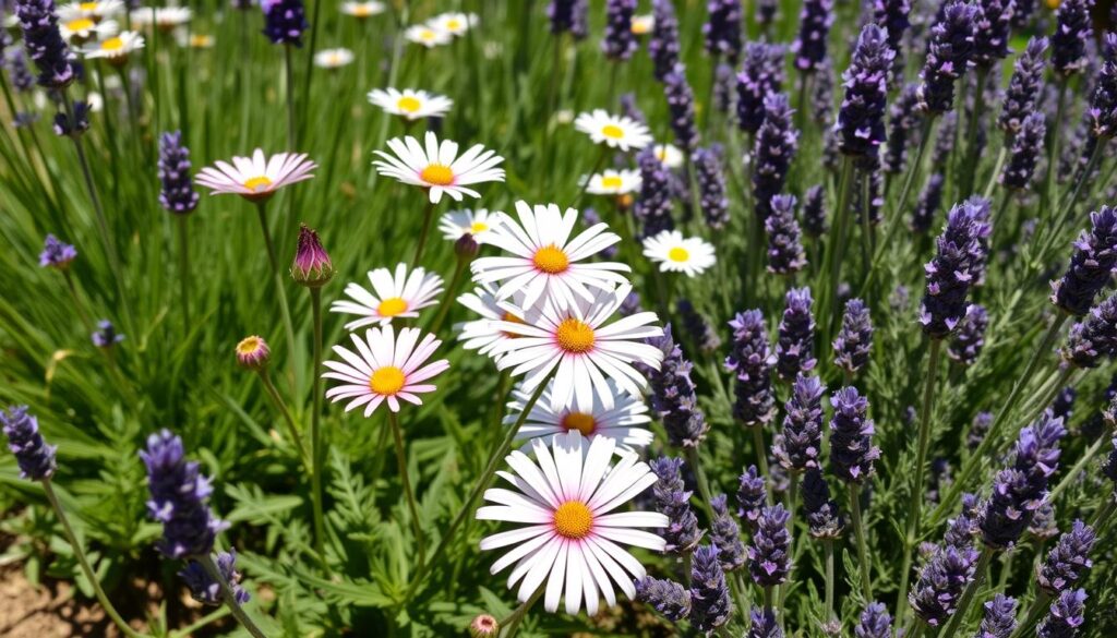 Erigeron karvinskianus growing with lavender and thyme in a sunny UK border