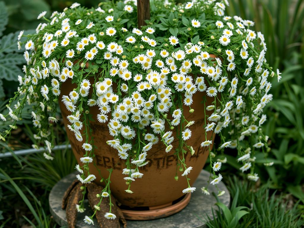 Erigeron karvinskianus spilling over the edge of a terracotta pot in a UK garden