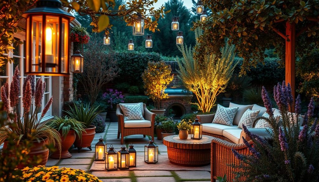 Evening scene with lanterns and scented plants in a Mediterranean-inspired UK garden