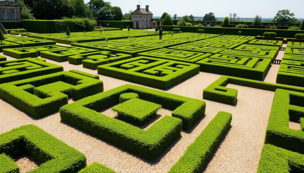 Formal boxwood parterre garden at a National Trust property in the UK