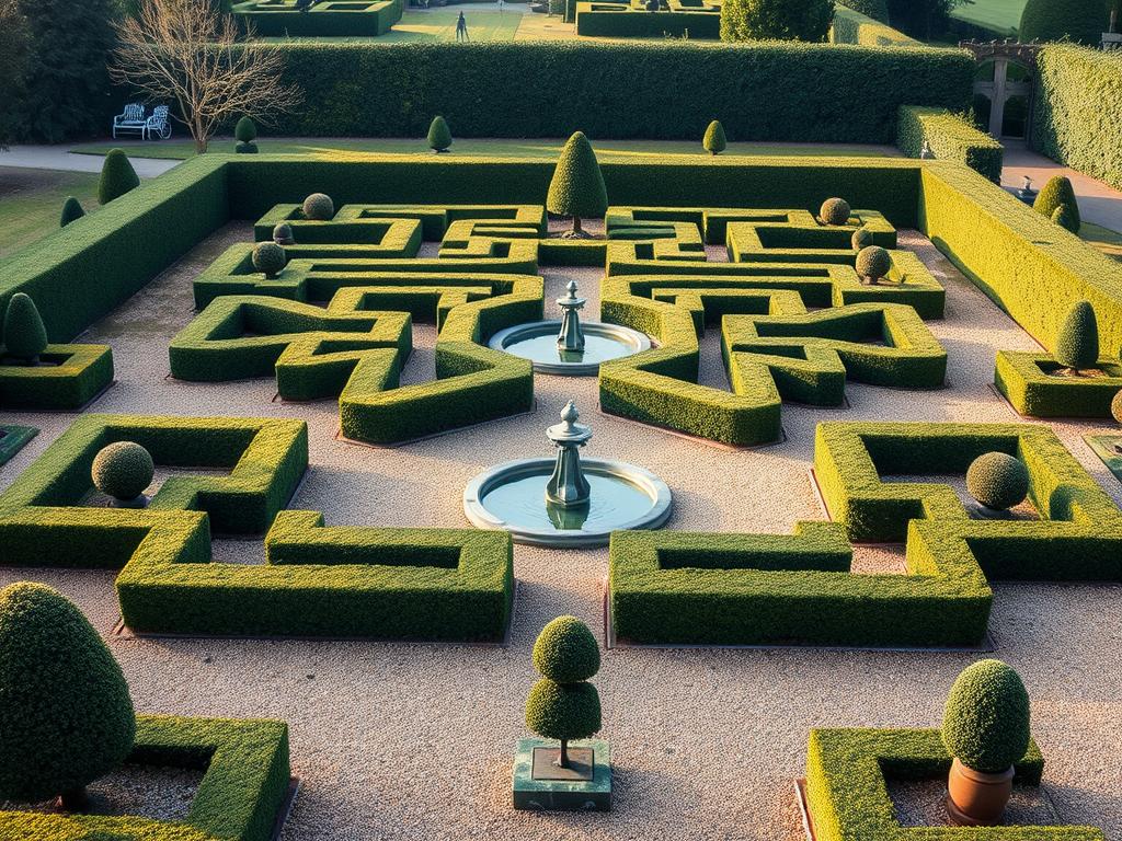 Formal garden design featuring symmetrical layout with clipped box hedges forming geometric patterns around a central fountain Formal garden design featuring symmetrical layout with clipped box hedges forming geometric patterns around a central fountain