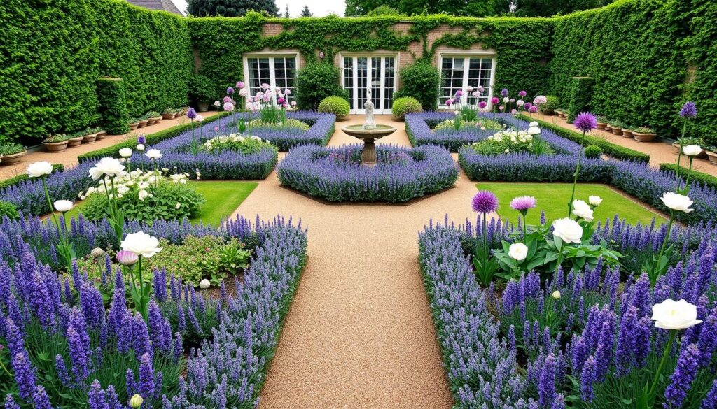 Formal garden design with lavender borders and standard roses creating classical planting scheme Formal garden design with lavender borders and standard roses creating classical planting scheme