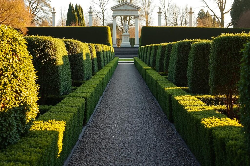 Formal garden pathway lined with clipped hedges leading to a classical focal point Formal garden pathway lined with clipped hedges leading to a classical focal point