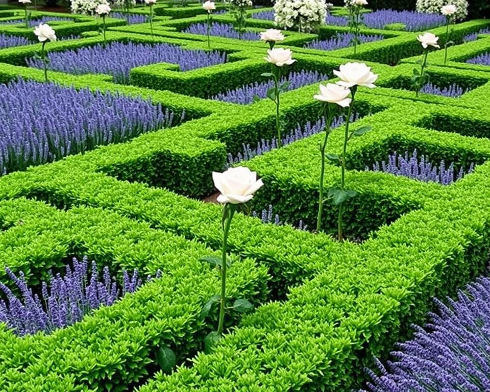 Formal garden with box hedges, topiary specimens and classical planting of lavender and roses Formal garden with box hedges, topiary specimens and classical planting of lavender and roses