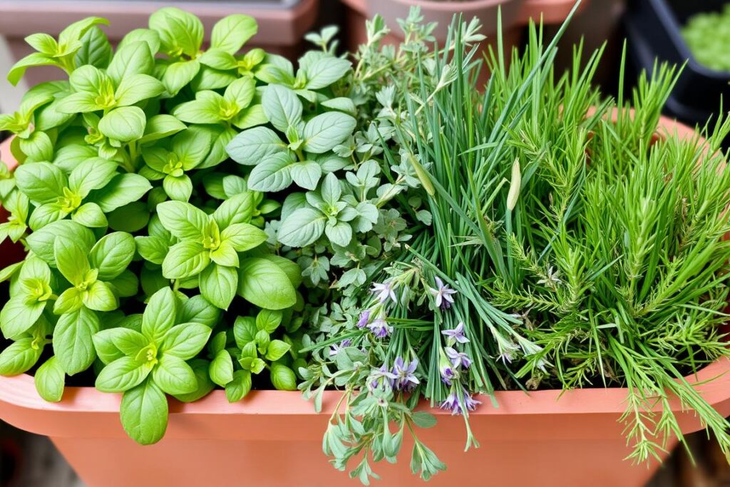 Fresh herbs growing in a container garden