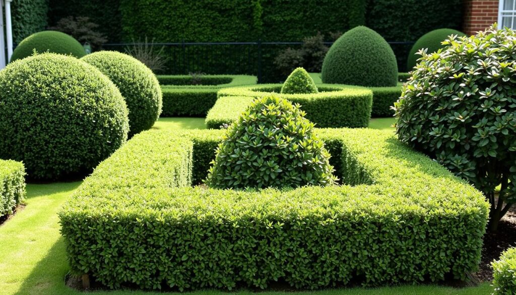 Garden featuring both Buxus sempervirens 'Faulkner' and Ilex crenata as alternatives