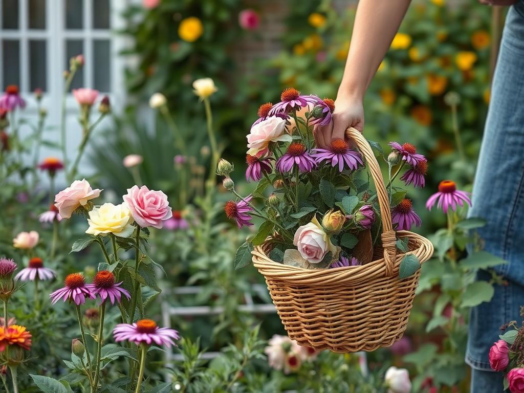 Gardener gently maintaining a traditional English cottage garden, deadheading spent flowers while leaving some for seeds