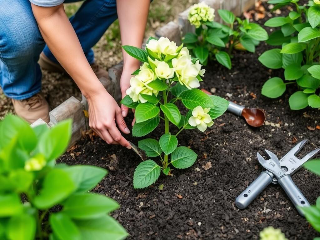 Gardener planting Little Lime Hydrangea in prepared soil