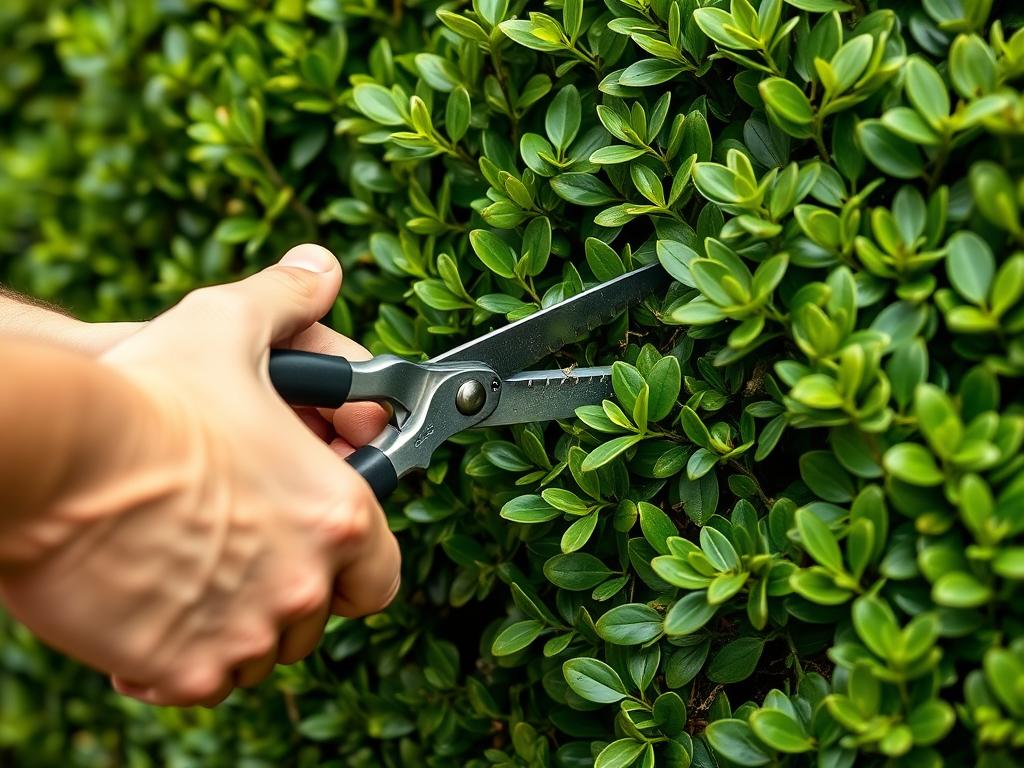Gardener trimming Buxus sempervirens hedge with proper tools and technique