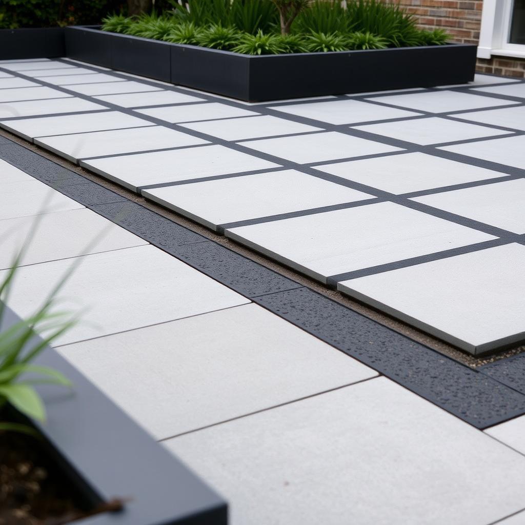 Geometric paving and straight-lined planters in a modern garden