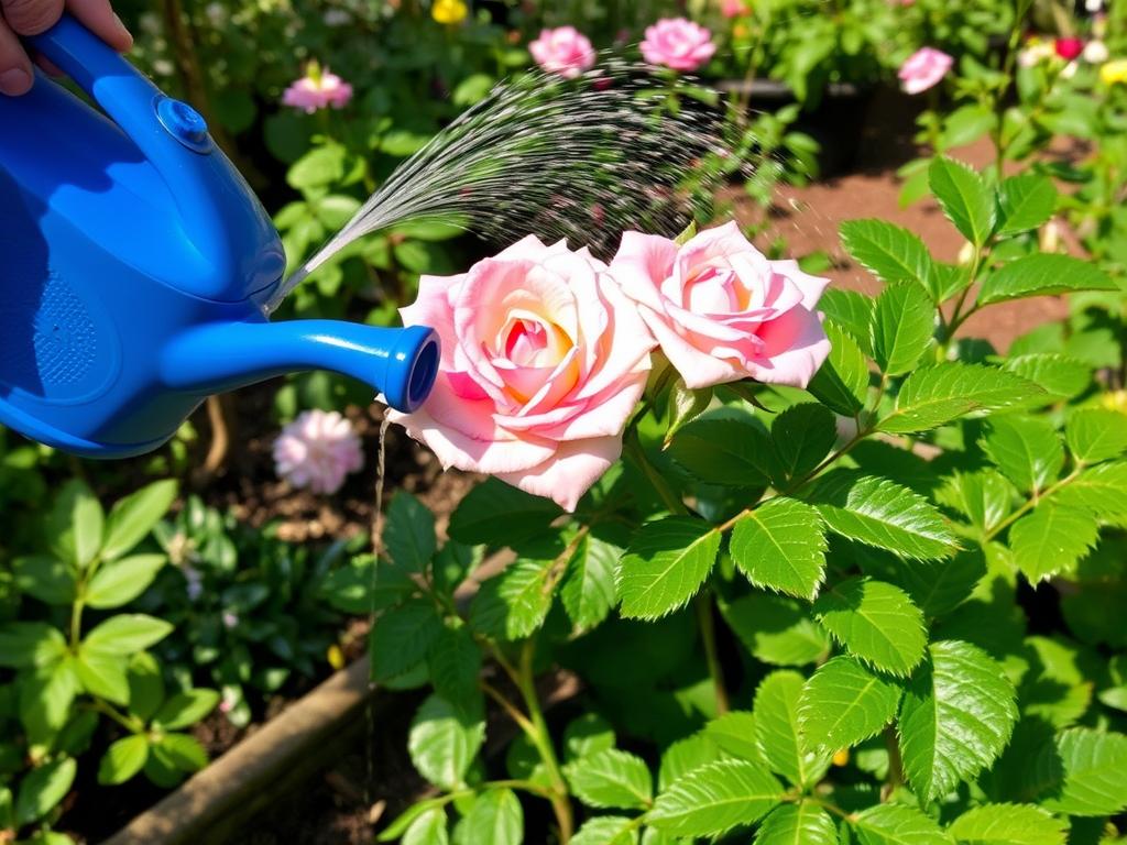 Hand watering The Fairy rose at the base to demonstrate proper watering technique