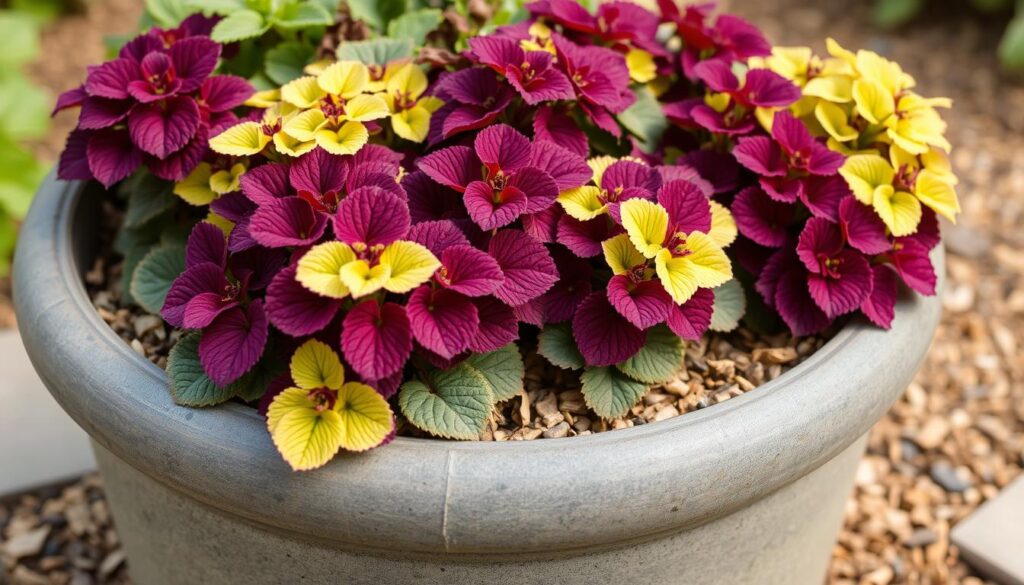 Heuchera growing in a container with proper mulching