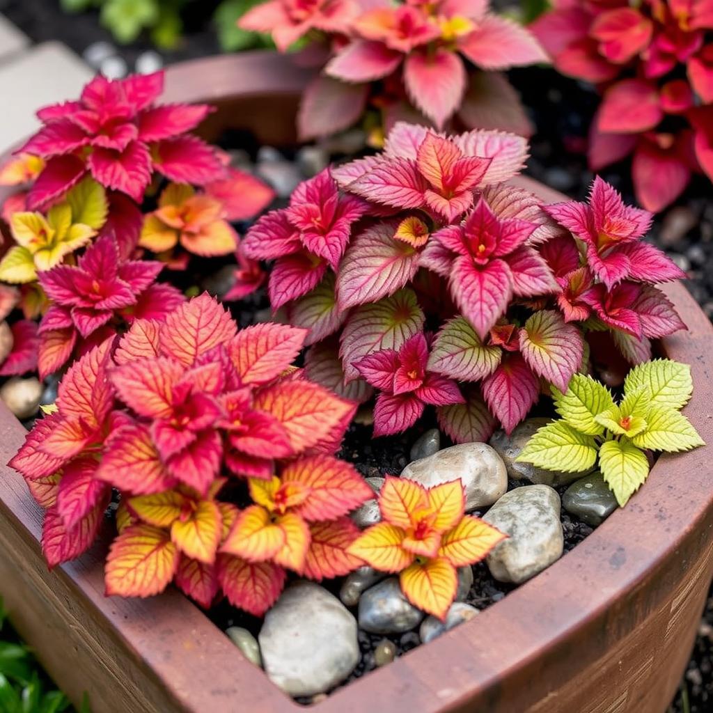 Heuchera planted in a small raised bed with contrasting mulch